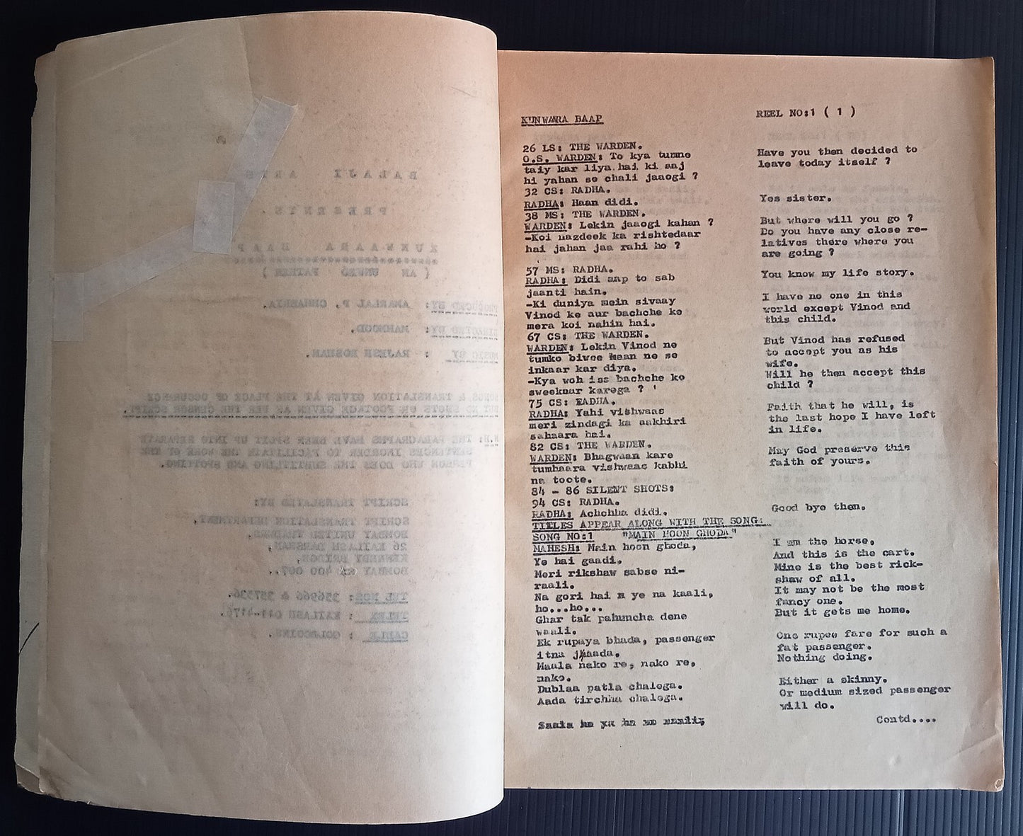 India Bollywood 1974 KUNWARA BAAP post production script - 96 pages