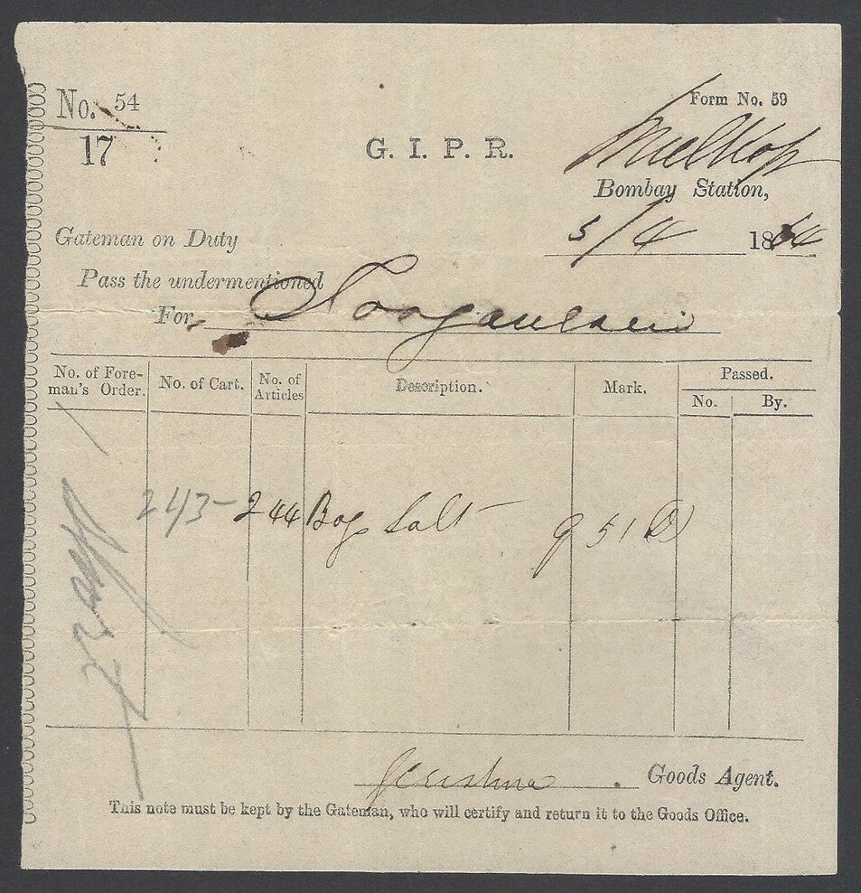 AOPIMT India GIPR Great Indian Peninsular Railway 1864 Gate Pass 244 bags salt