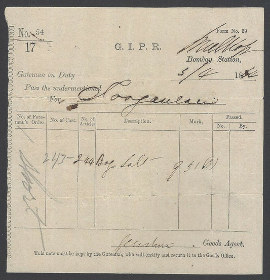AOPIMT India GIPR Great Indian Peninsular Railway 1864 Gate Pass 244 bags salt