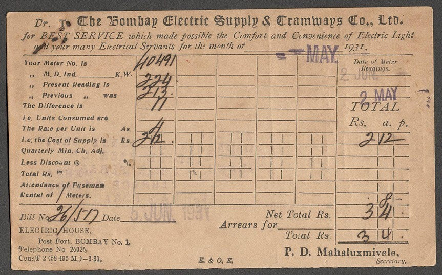 AOP India BES&T Bombay Electricity & Transport advertisement postcard 1931
