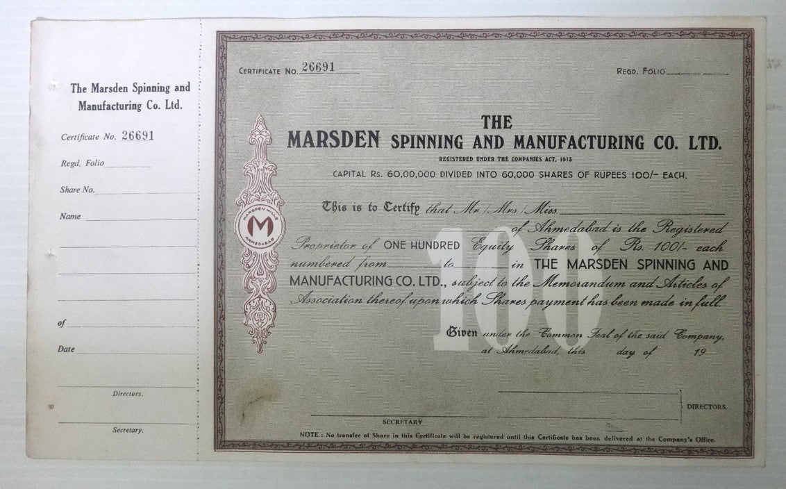 India Marsden Spinning share certificate UNUSED