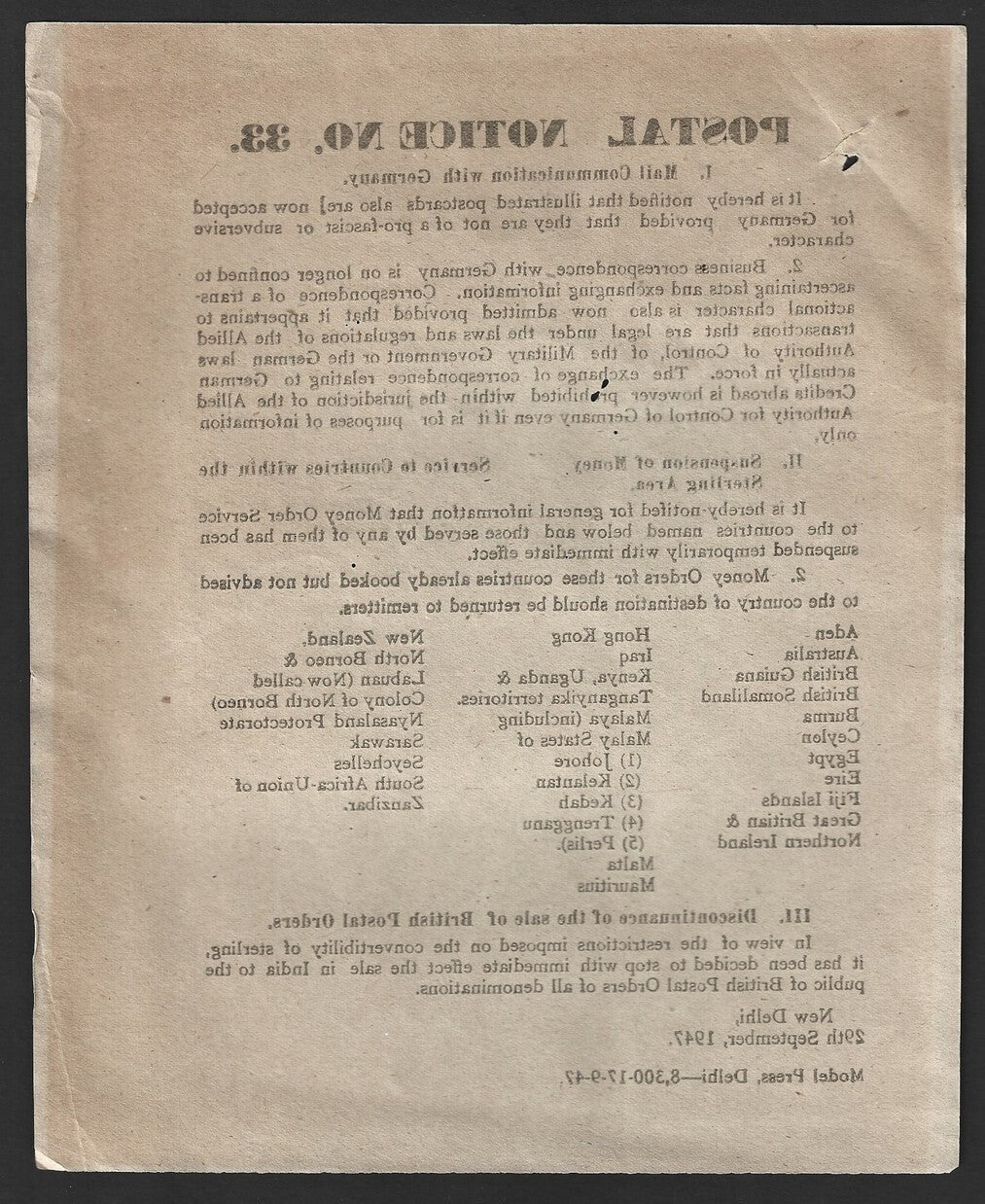 India POSTAL NOTICE 29 Sep 1947 Mail Communication with Germany