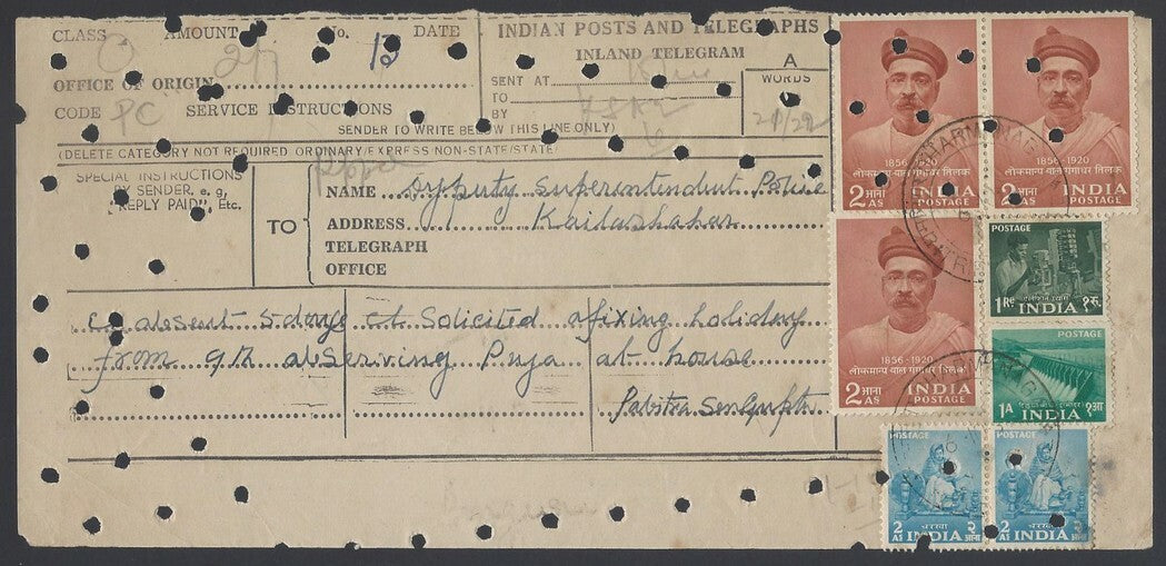 India 1956 Telegram with 1956 Gokhle 2a x 3 etc