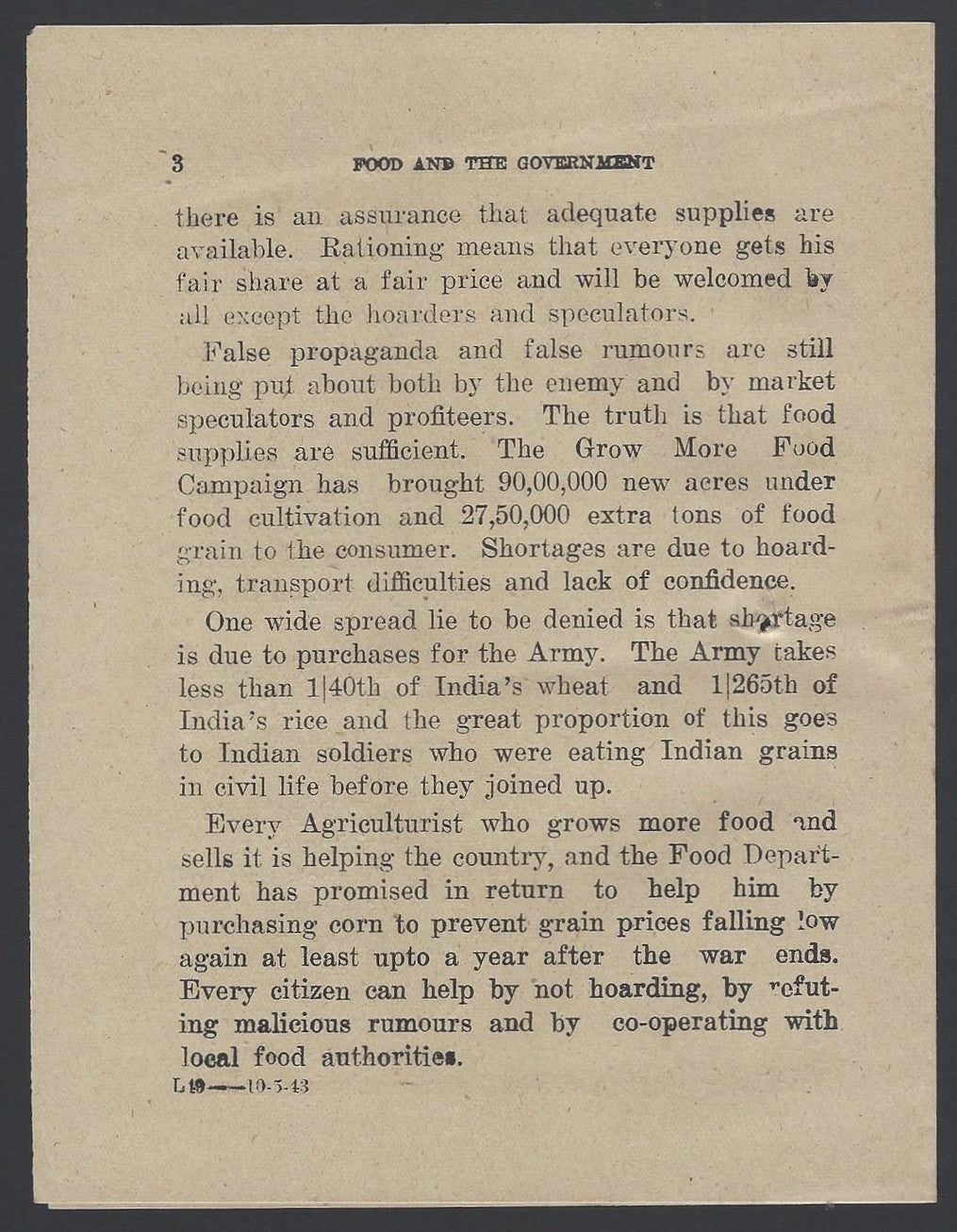 India 1943 WW2 National War Front Propaganda Pamphlet Food And The Government