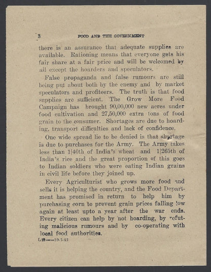 India 1943 WW2 National War Front Propaganda Pamphlet Food And The Government