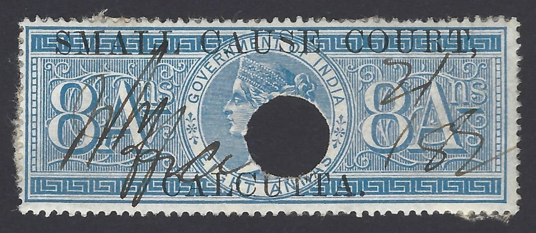 India SMALL CAUSE COURT CALCUTTA QV 1868- QV 8a on Sp Adh used. Barefoot #79/a