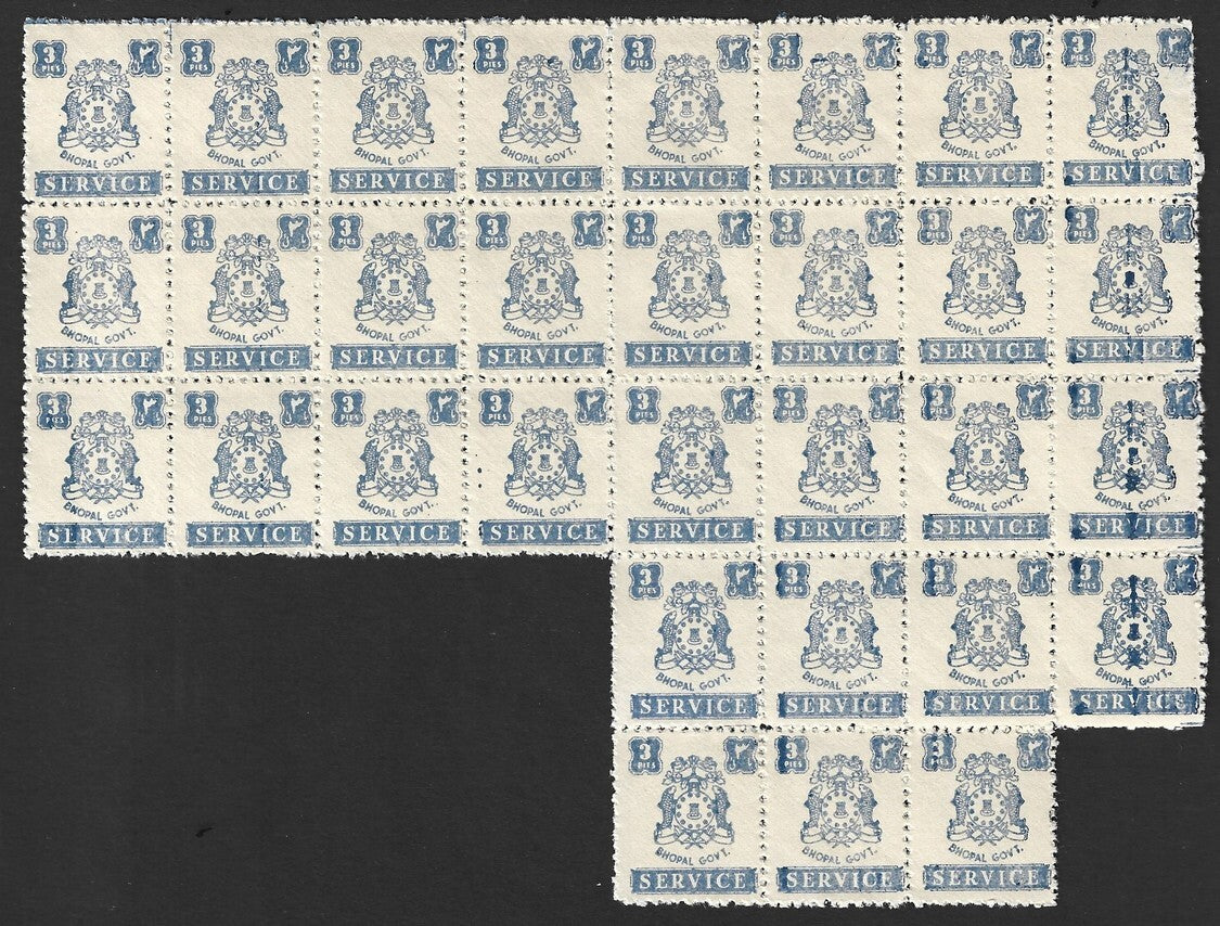 India Bhopal State 1944-49 3p MNH block of 31 SG O350 £31