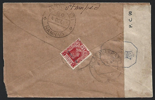 (AOP) Burma Military Admin WW2 KGVI 1940 dual censor cover to India