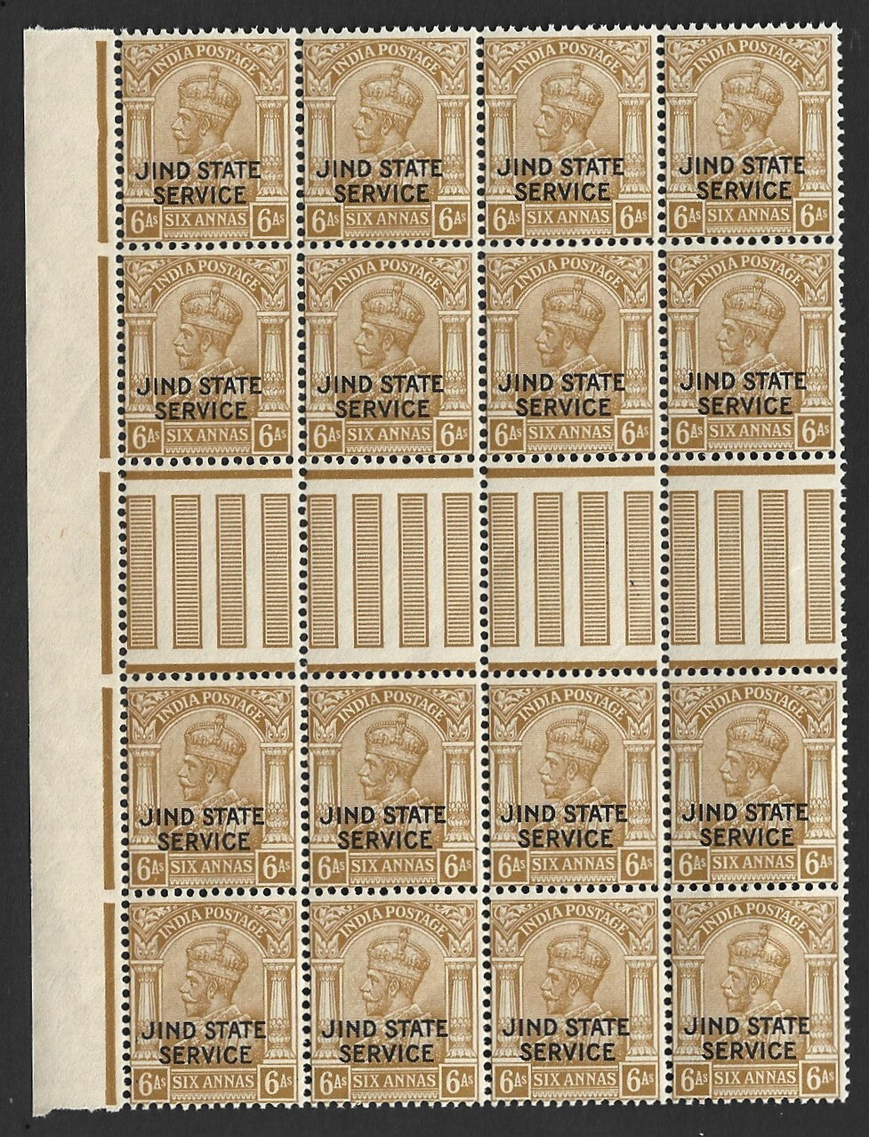India Jind State KGV 1927-37 6a block of 16 with fancy gutter MNH. SG O55w £144