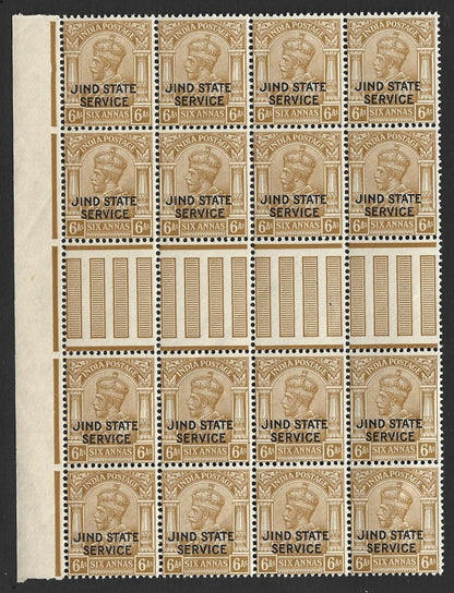 India Jind State KGV 1927-37 6a block of 16 with fancy gutter MNH. SG O55w £144