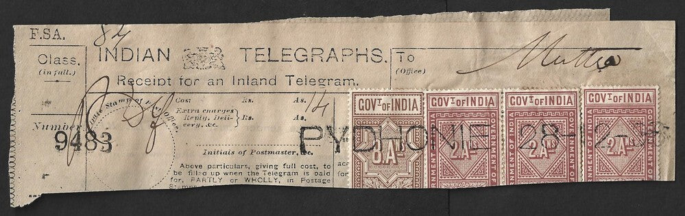India Telegraph stamps (4) on 1898 receipt