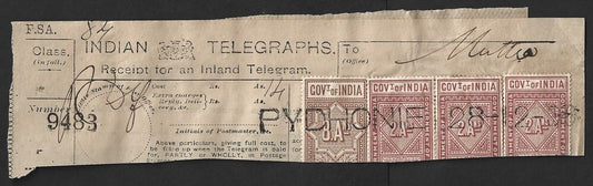 India Telegraph stamps (4) on 1898 receipt