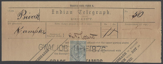 AOP India QV 1869 1R Die 2 used on telegraph receipt GWALIOR 11-1-1876