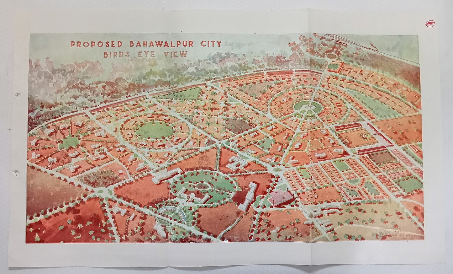 PROPOSED BAHAWALPUR CITY BIRDS EYE VIEW 1946 colour map ex-libris India 12"x21"