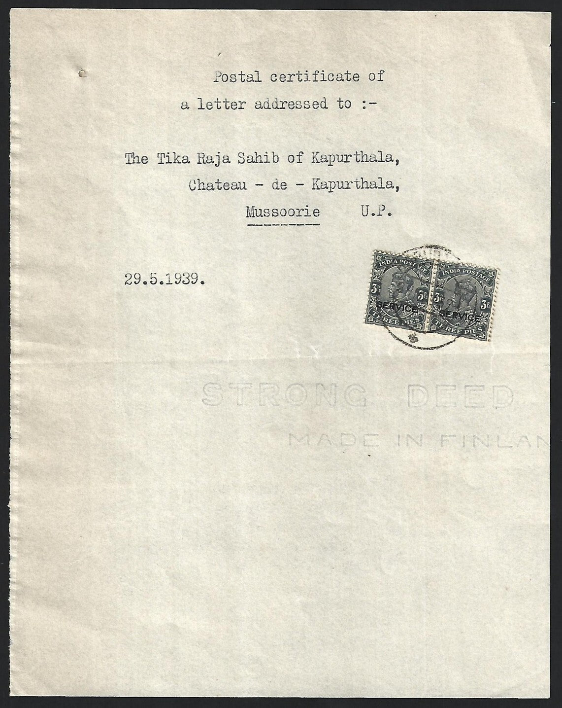 India 1939 certificate of posting for a letter to Raja of Kapurthala