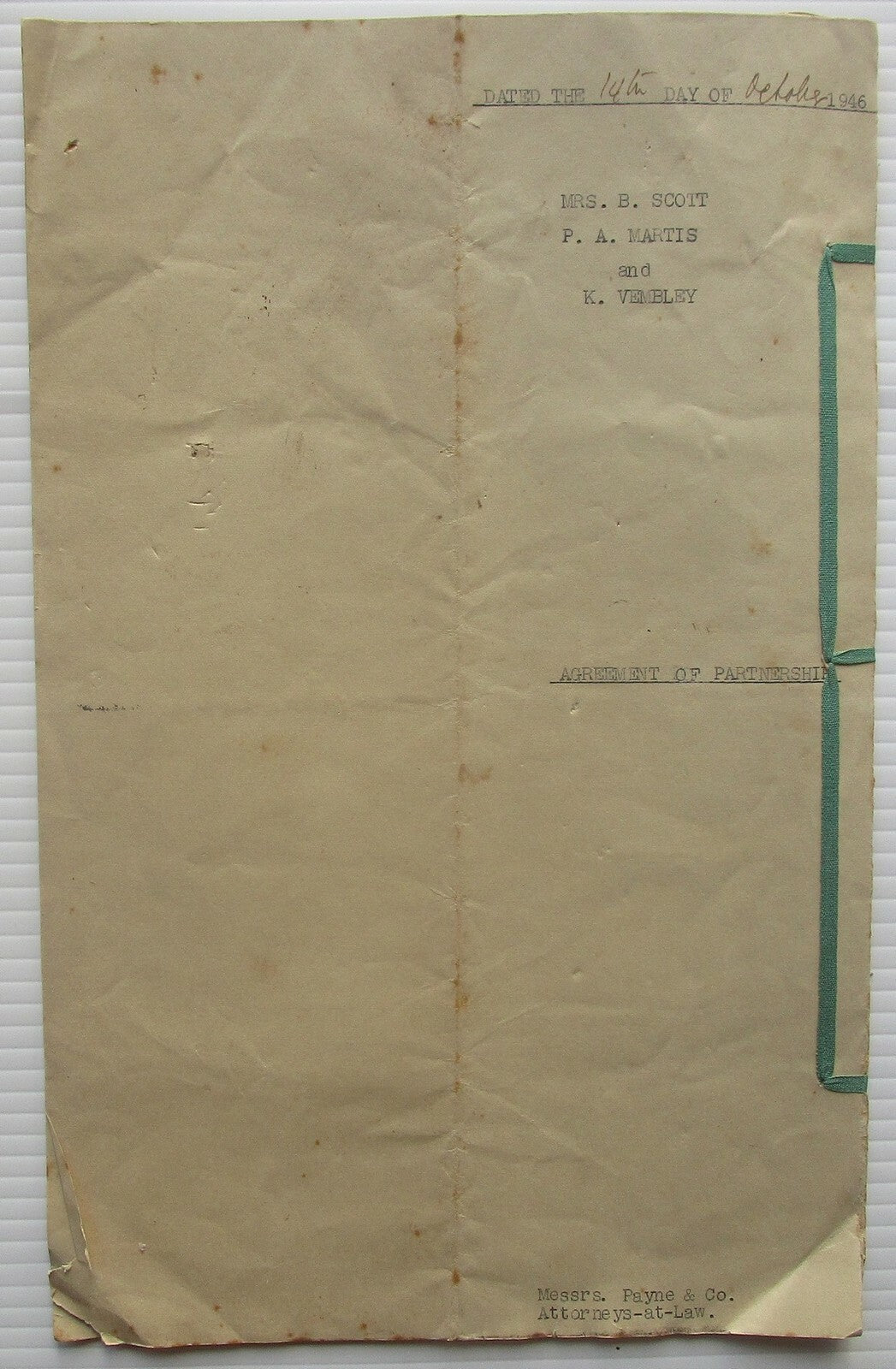 India 1946 Agreement of Partnership document with Special Adhesive KGV 30R