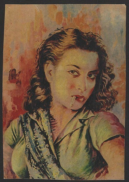 India Bollywood 1952 artistic publicity card for ANHONEE – NARGIS smoking