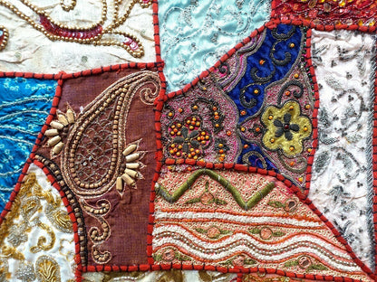 Vintage multipurpose Indian mat wi hand embroidery, sequins, stones, wood, etc