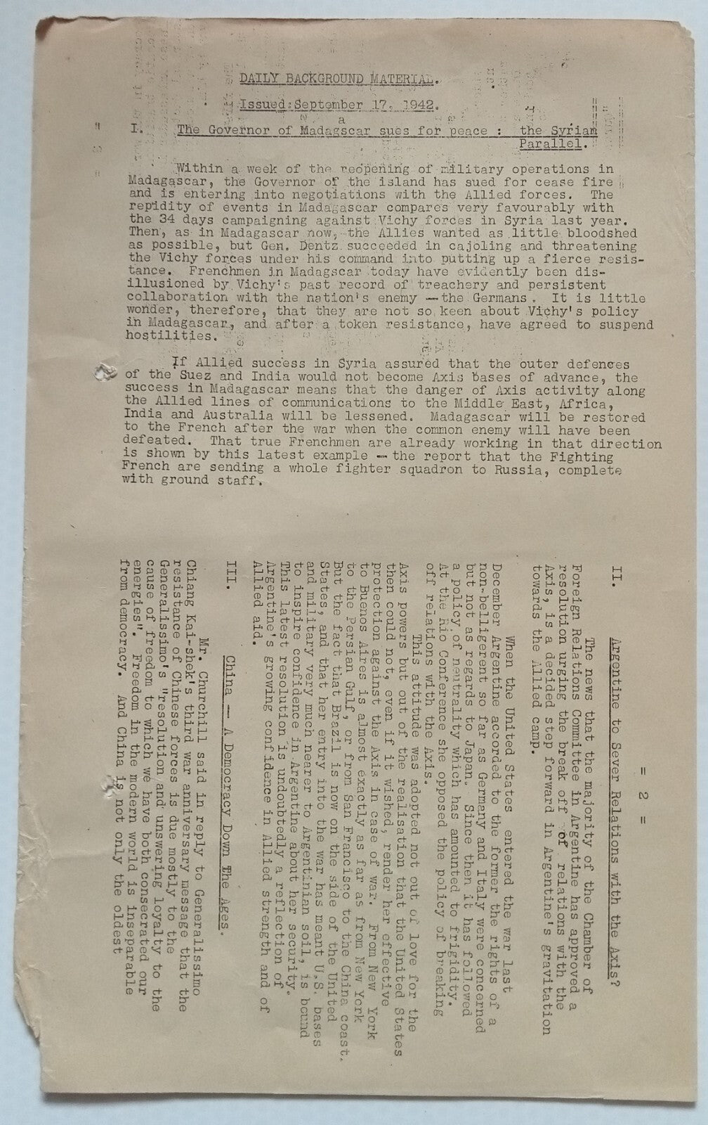 AOP India WW2 National War Front leaflet CHURCHILL PRAISES CHINA'S DEMOCRACY