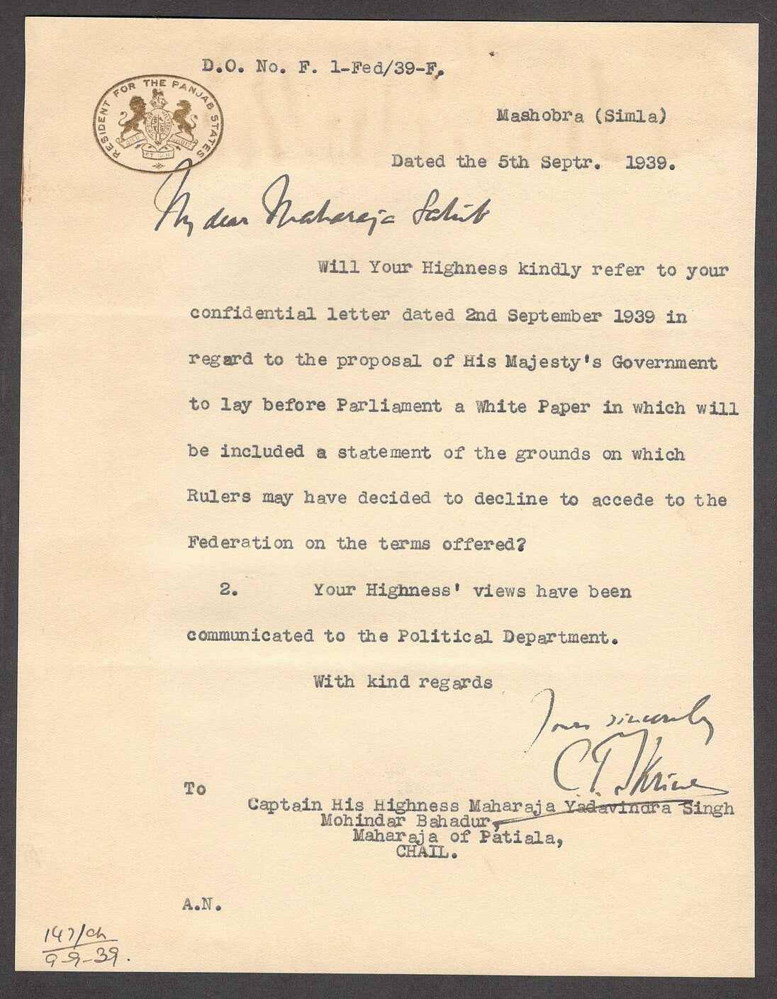 India 1927 crested letter re: Feudal State Rulers right to decline joining India