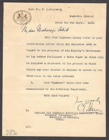 India 1927 crested letter re: Feudal State Rulers right to decline joining India