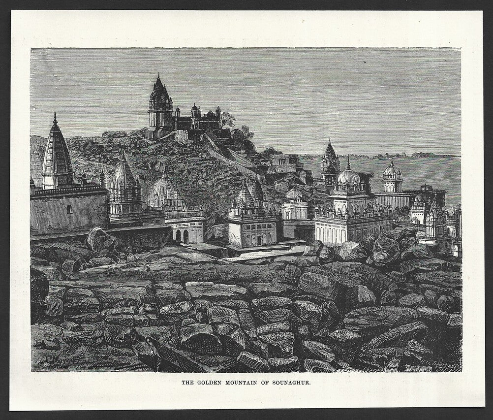 India GOLDEN MOUNTAIN OF SOUNAGHUR engraved print ex libris Rousslet 1876 7"x6"