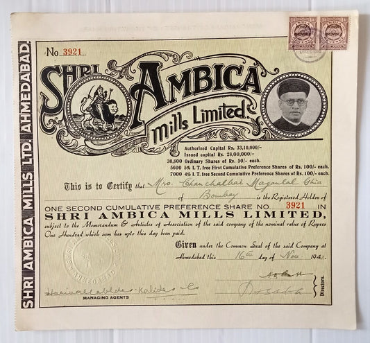 AOP India 1942 share certificate Shri, Ambica Mills Ltd	