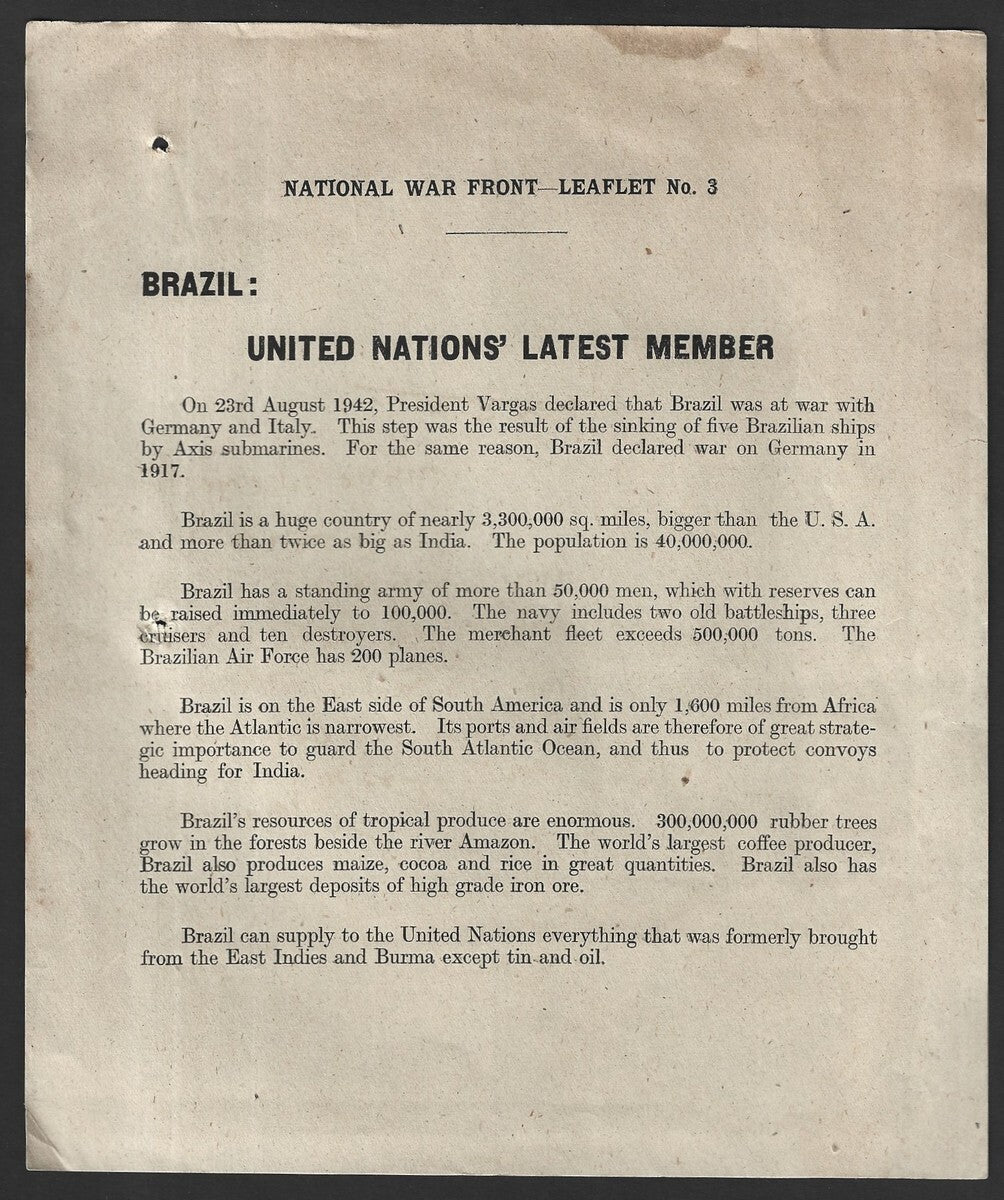 India WW2 propaganda booklet BRAZIL : UNITED NATIONS' LATEST MEMBER