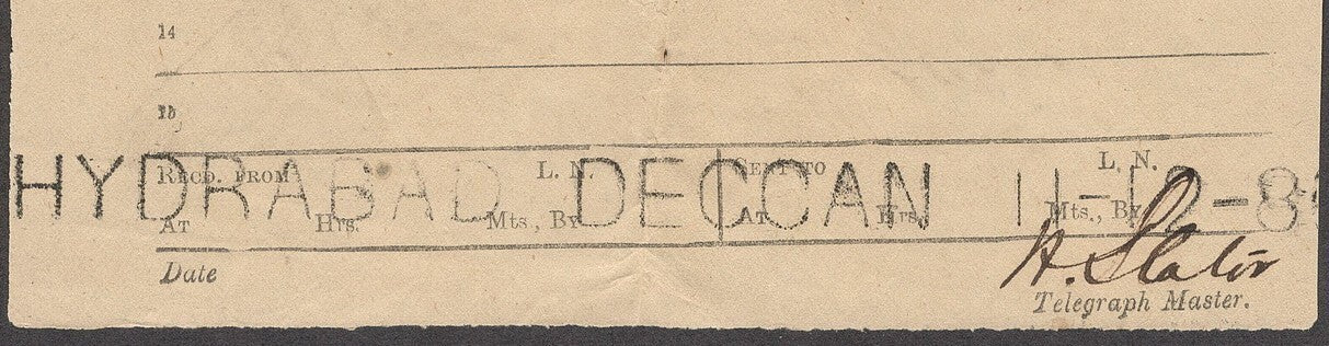 India 1888 OPIUM TRADE telegram from Ujjaiin to HYDERABAD - DECCAN