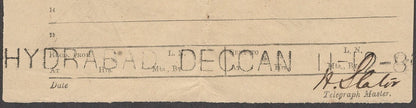 India 1888 OPIUM TRADE telegram from Ujjaiin to HYDERABAD - DECCAN