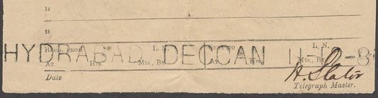 India 1888 OPIUM TRADE telegram from Ujjaiin to HYDERABAD - DECCAN