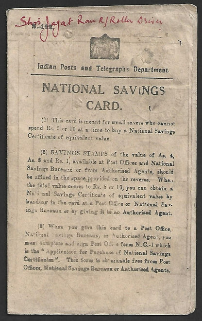 India National Savings card with 1947 NATIONAL SAVINGS INDIA stamps x 12