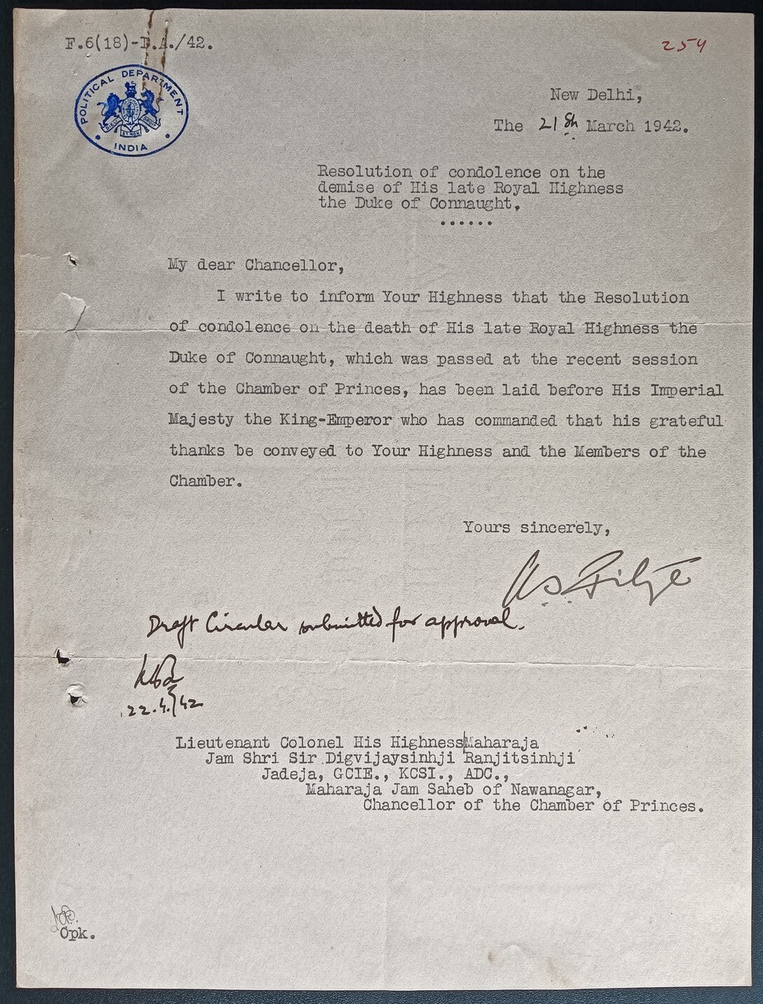 India 1942 crested letter POLITICAL DEPARTMENT / INDIA re Duke Connaught demise