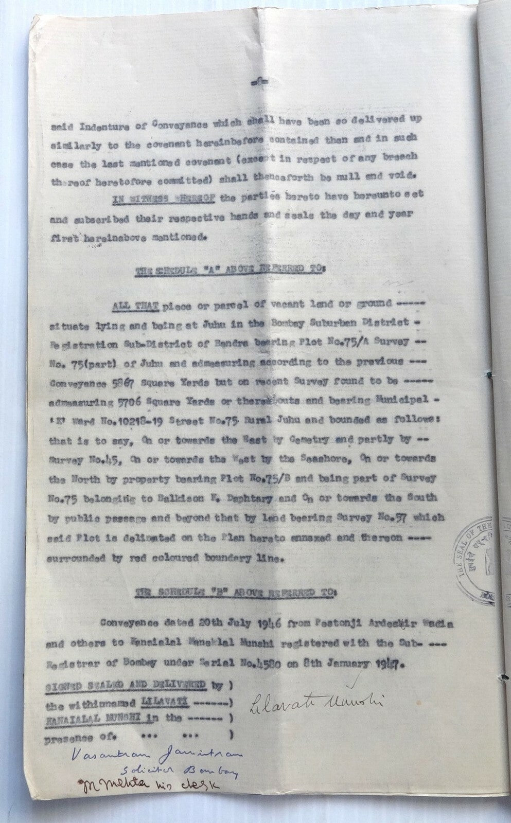 India 1957 Agreement signed Lilavati Munshi Freedom Fighter & Gandhi Associate