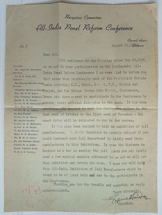 AOP India 1939 All India Penal Reform Conference letter