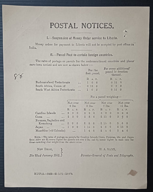 India POSTAL NOTICE 22-1-31 Parcel Post to South Africa, Japan, etc. + CIRCULAR