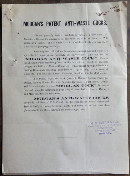 India 1939 advertisements & price list for MORGAN’S PATENT ANTI-WASTE COCKS