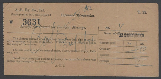 AOPIMT India ASSAM BENGAL Railway Telegram receipt