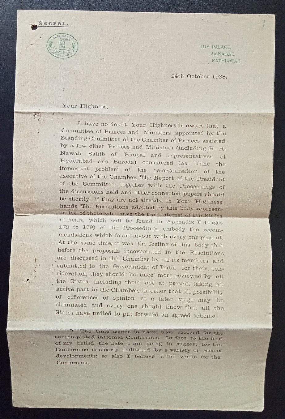 India 1931 Nawanagar State Palace Crested Coat of Arms printed SECRET letter