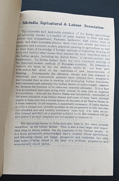 India 1919 ALL INDIA AGRICULTURAL & LABOUR ASSOCIATION booklet & letter