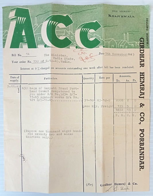 AOP ACC Cement Vadia 1945 illustrated billhead India