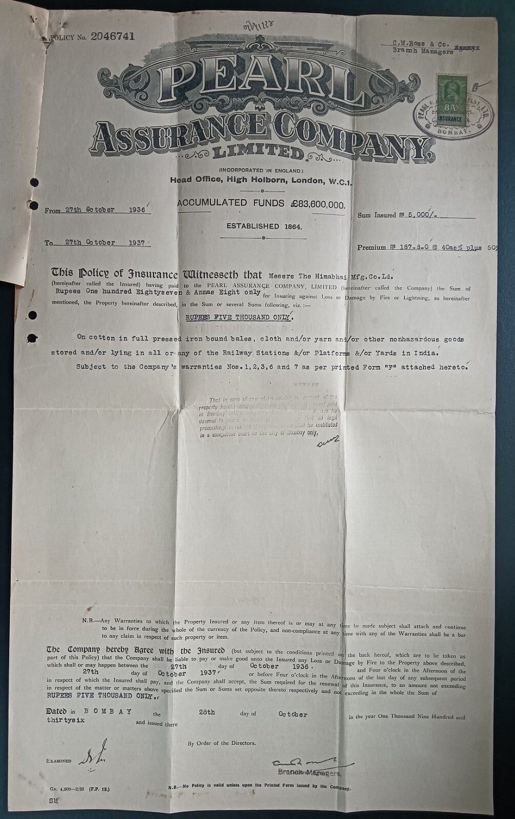 India PEARL ASSURANCE COMPANY 1937 Insurance Policy