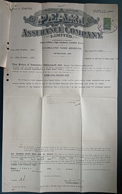 India PEARL ASSURANCE COMPANY 1937 Insurance Policy