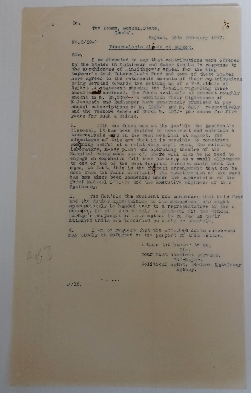 India 1942-47 Tuberculosis Fund correspondence - 12 pages