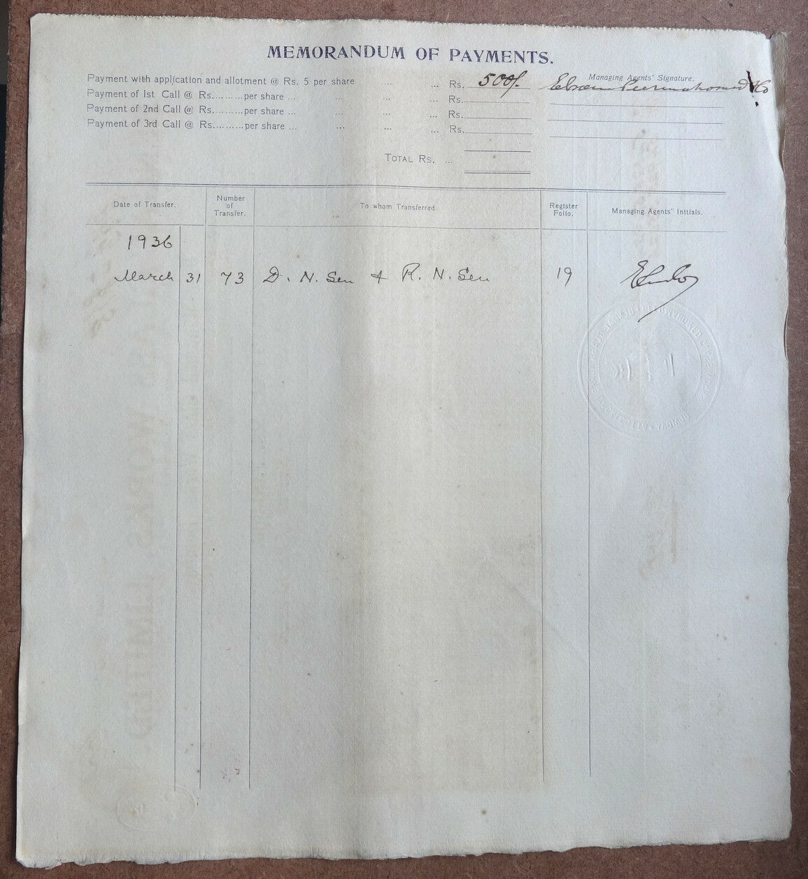 India 1919 BENGAL GLASS WORKS LIMITED share certificate