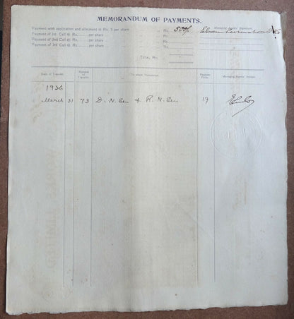 India 1919 BENGAL GLASS WORKS LIMITED share certificate