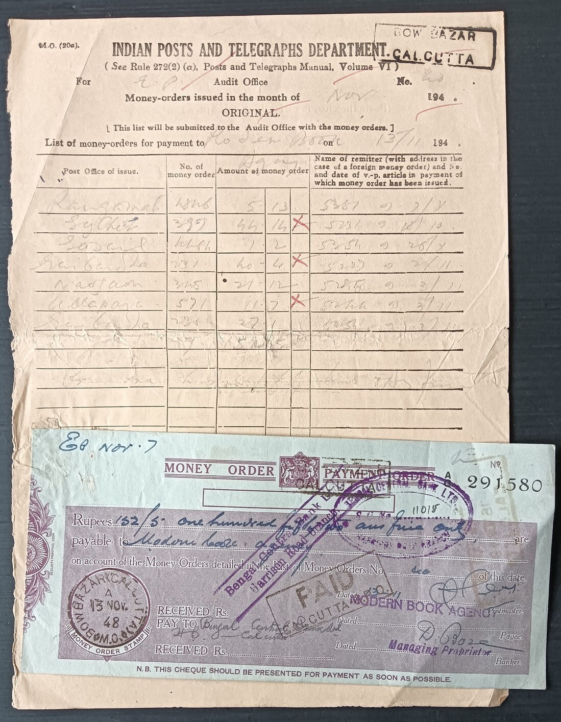 India 1948 Post Office MONEY ORDER / PAYMENT ORDER check cheque