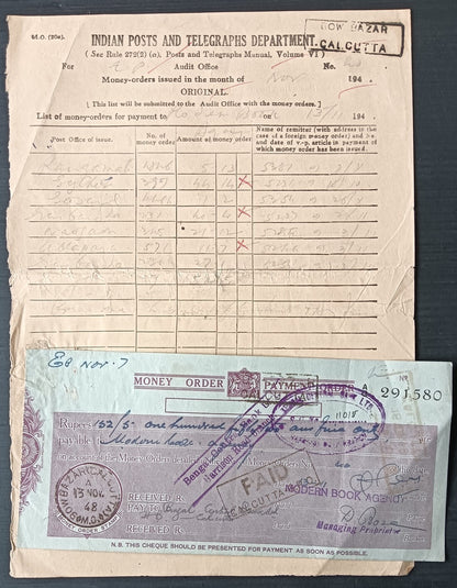 India 1948 Post Office MONEY ORDER / PAYMENT ORDER check cheque