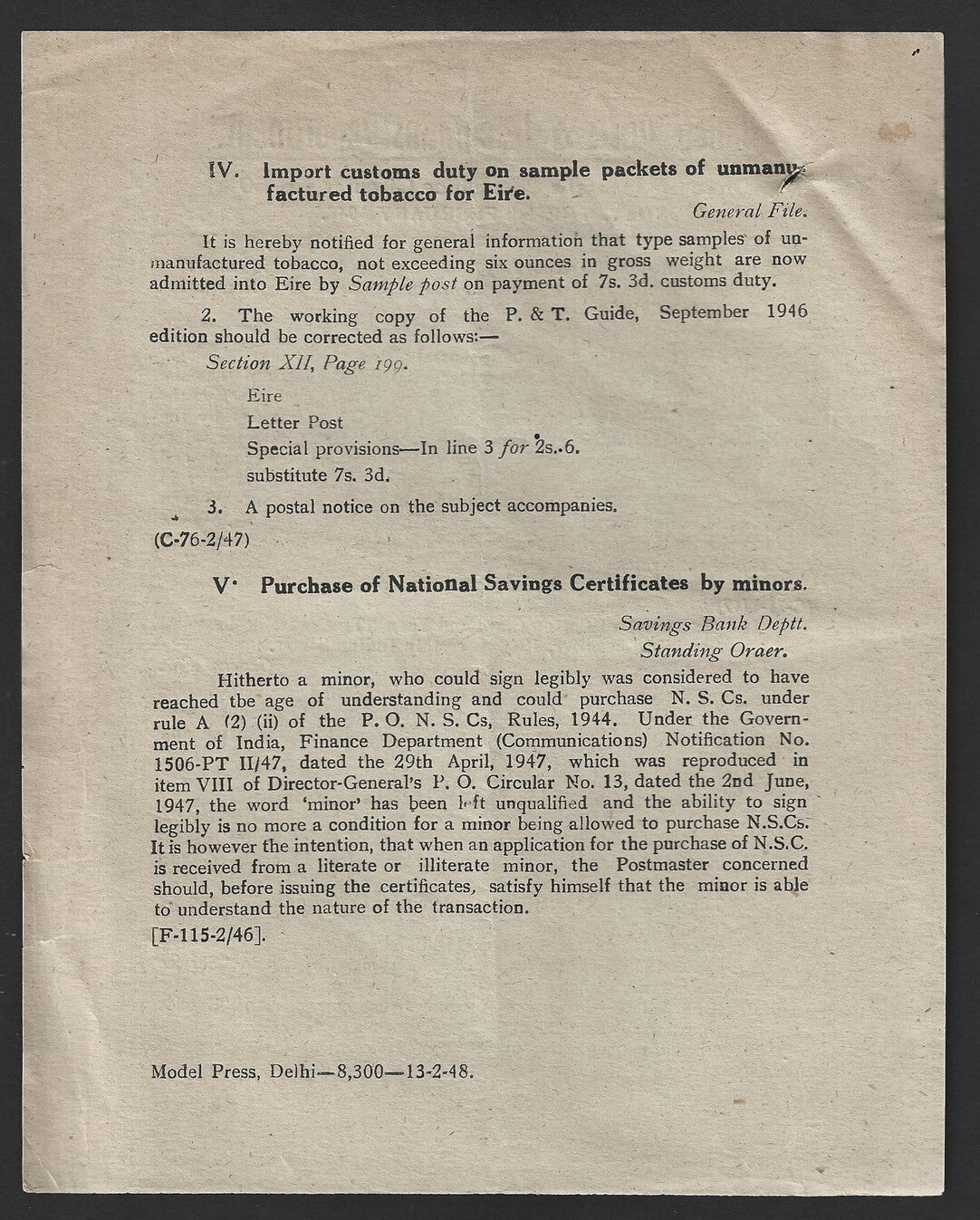 India POSTAL NOTICE #59 16 Feb 1948 Foreign Postal Parcel Restriction + CIRCULAR