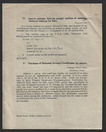 India POSTAL NOTICE #59 16 Feb 1948 Foreign Postal Parcel Restriction + CIRCULAR